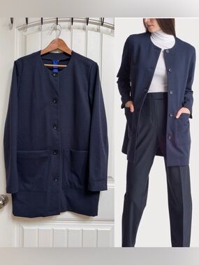 Kit and Ace Navy Blue Collarless Long Cashmere Blend Blazer. Size L